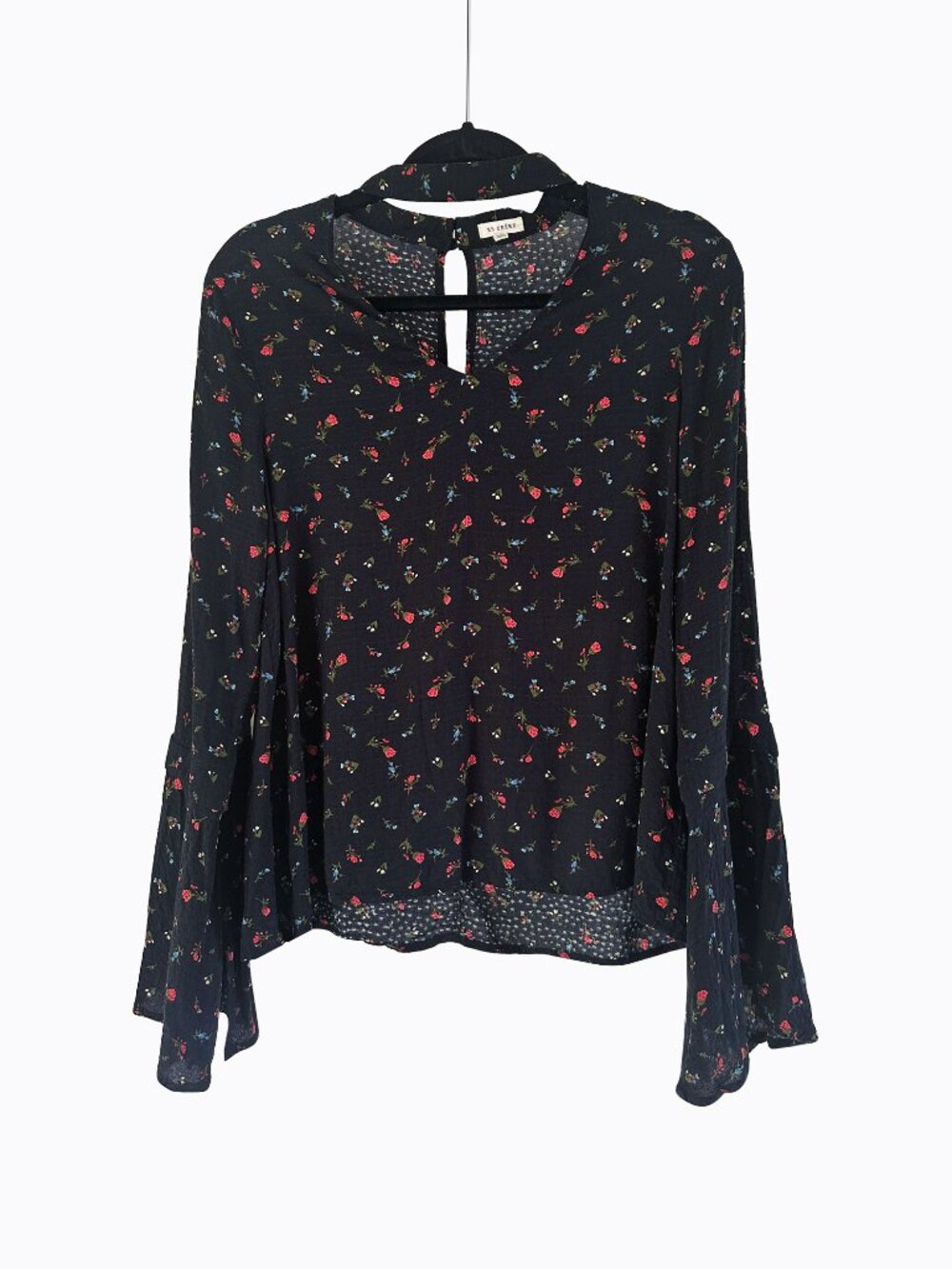 Black Chintz Floral Choker Top S V-Neck Bell Sleeve Y2K Western Boho Whimsigoth
